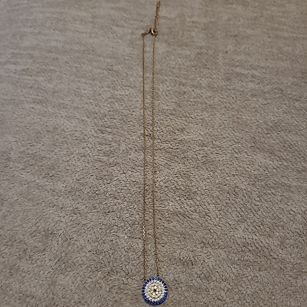 Pave Cz Disk Pendant Evil Eye Necklace 14k Gp Made In Turkey